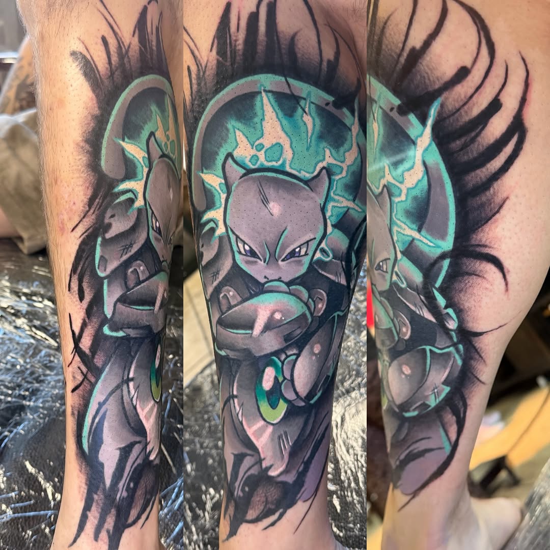 Energetic Mewtwo portrait with electric teal aura.