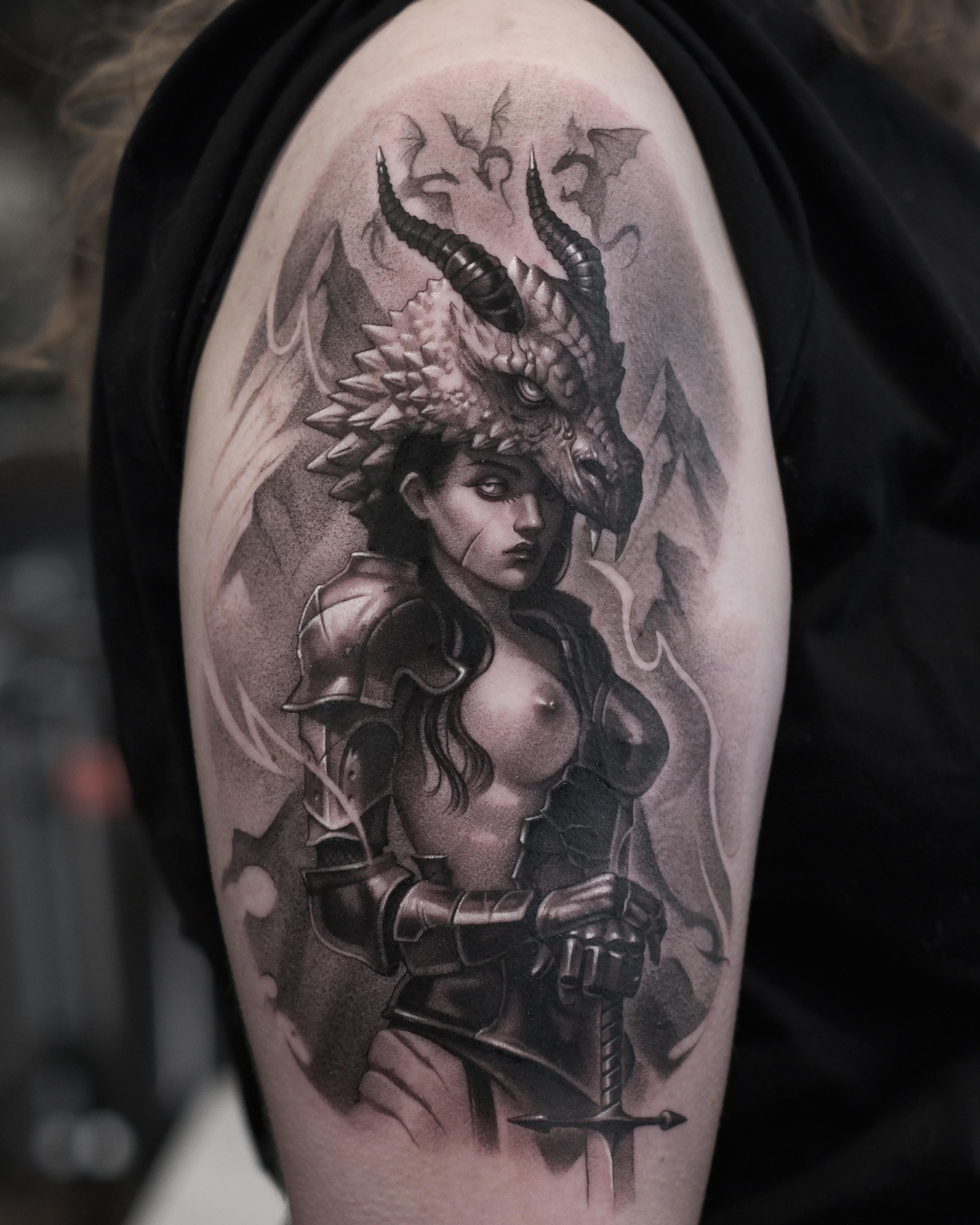 Grayscale fantasy warrior maiden with dragon helm, armor