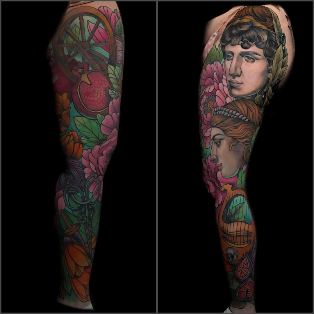 Vibrant neo-traditional leg sleeve with mythic busts and florals