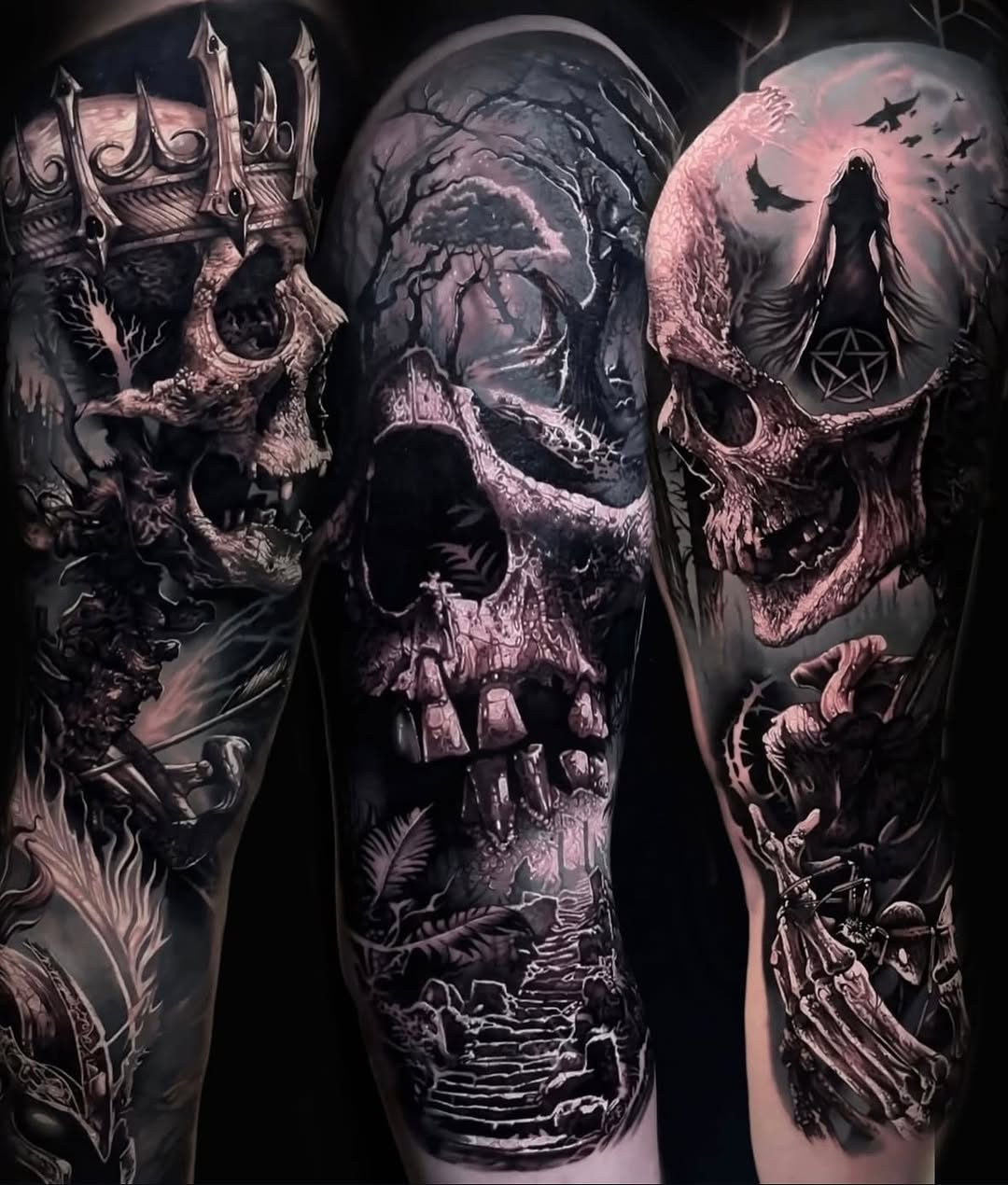 Monochrome skulls and barren trees form a Gothic sleeve