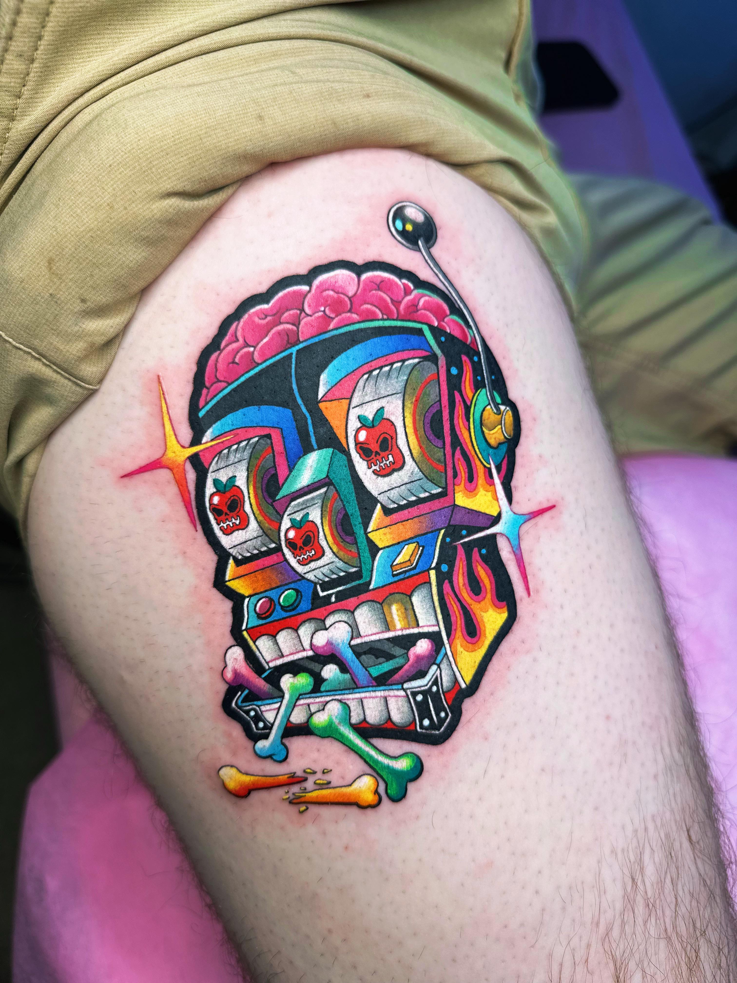 Vibrant neo-traditional skull with brain and slot-machine gadget