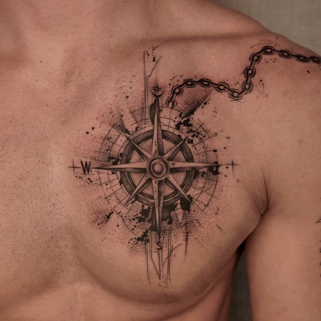 Sketched compass rose with geometric spokes and ink splatter.