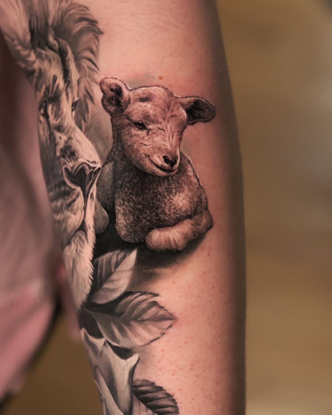 Hyper-detailed grayscale lamb surrounded by leafy vines