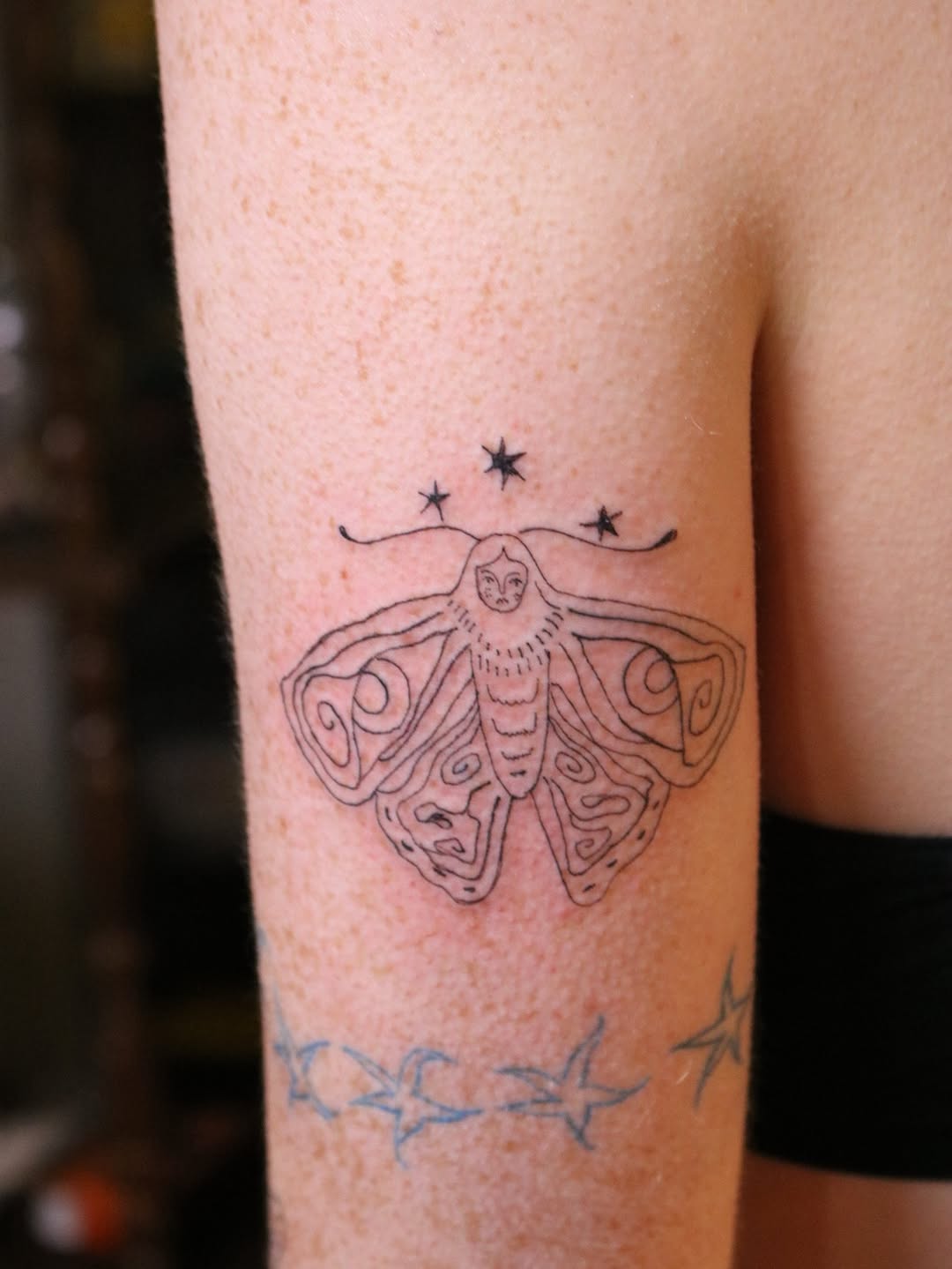 Delicate linework moth with starry celestial accents