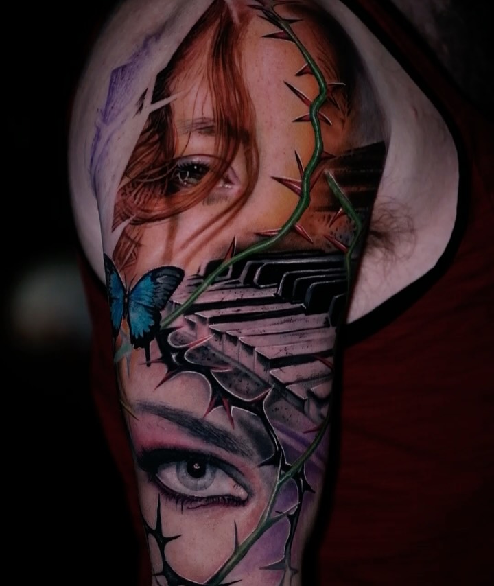 Photorealistic sleeve blending portrait, staircase, butterfly, and thorny vines.