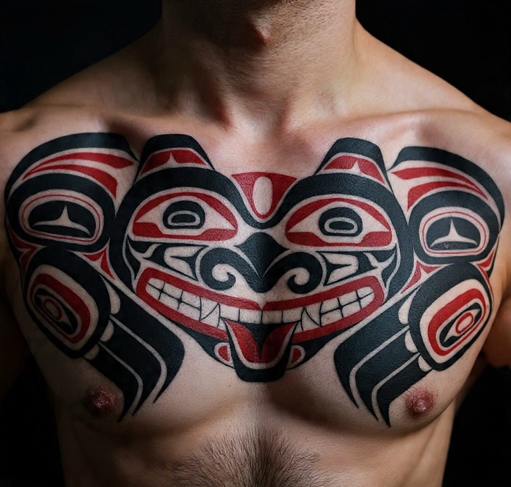 Bold Haida-inspired chest piece with black and red mask motifs