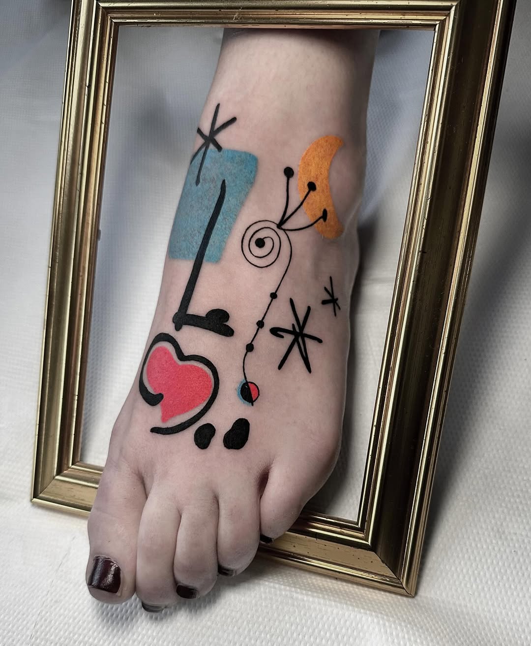 Miró-inspired abstract linework with color blocks and heart