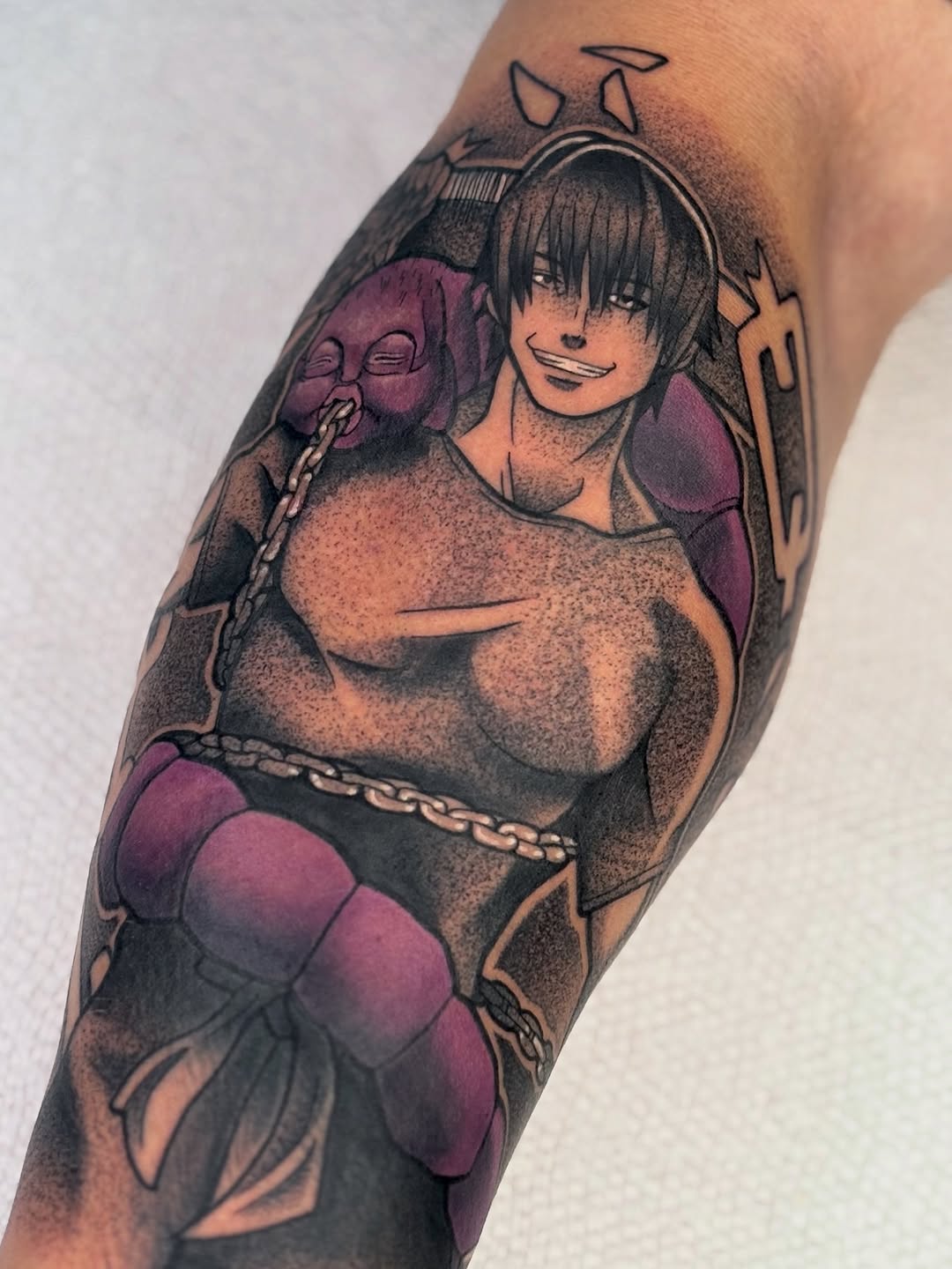 Bold blackwork portrait of Toji Fushiguro with purple gloves