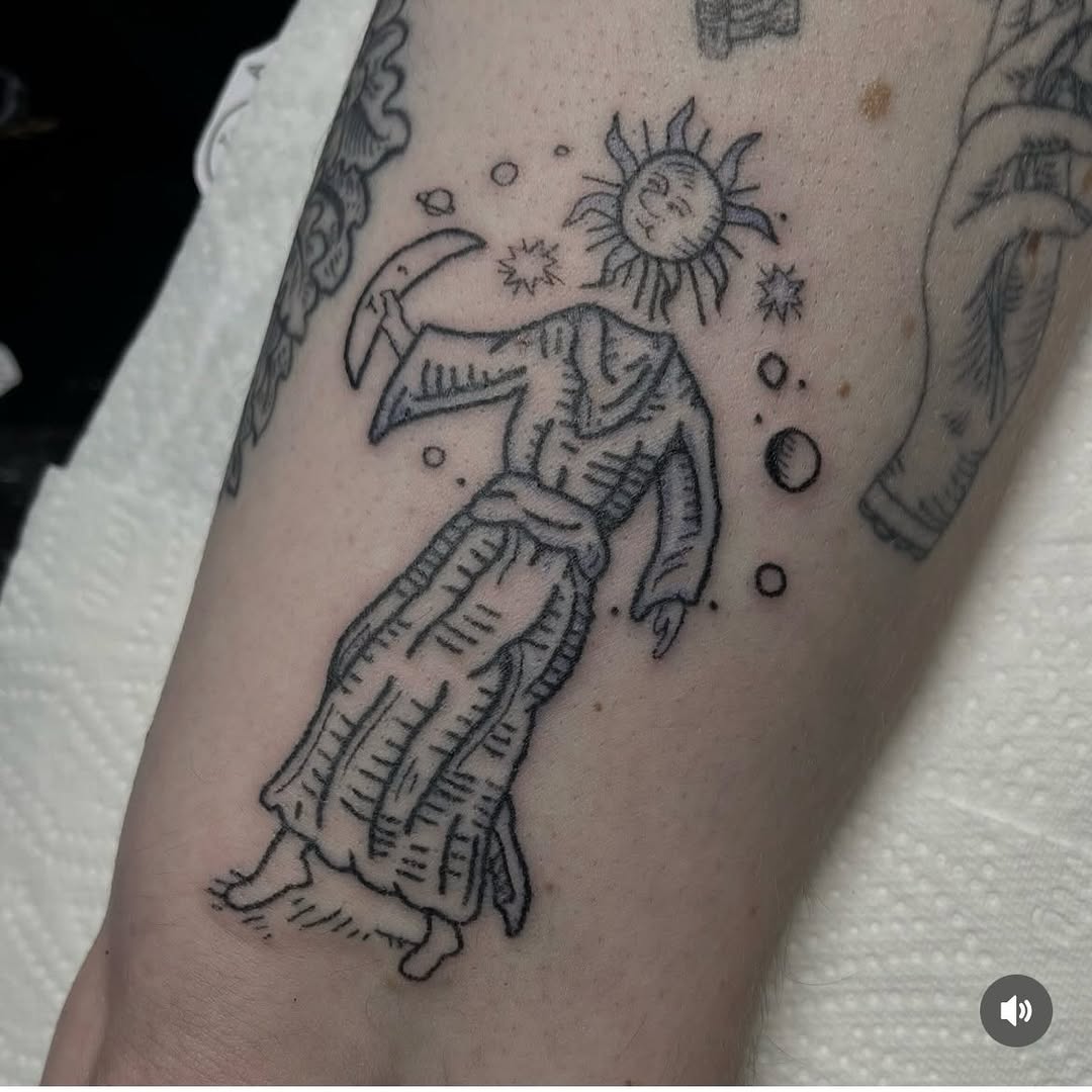 Whimsical hooded figure with sunburst, bold linework