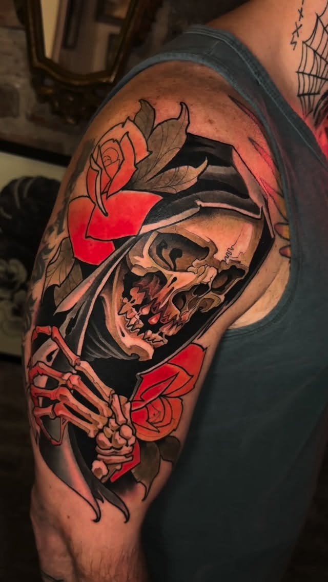 Skeleton with roses tattoo