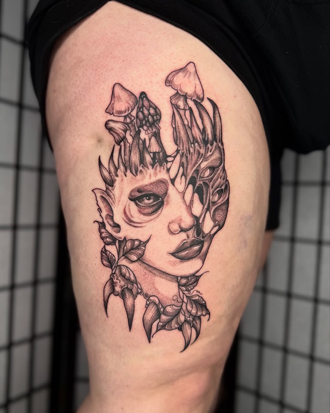 Mushroom-crowned femme head with bold blackwork shading
