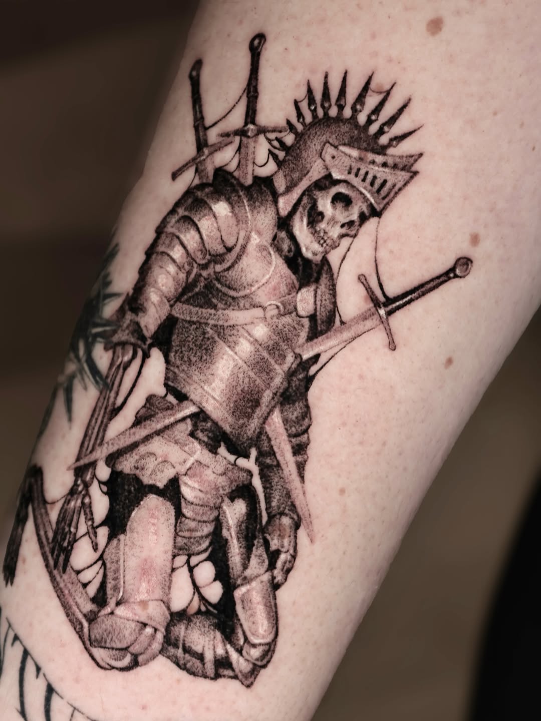 Intricate black-and-gray armored knight with sweeping sword