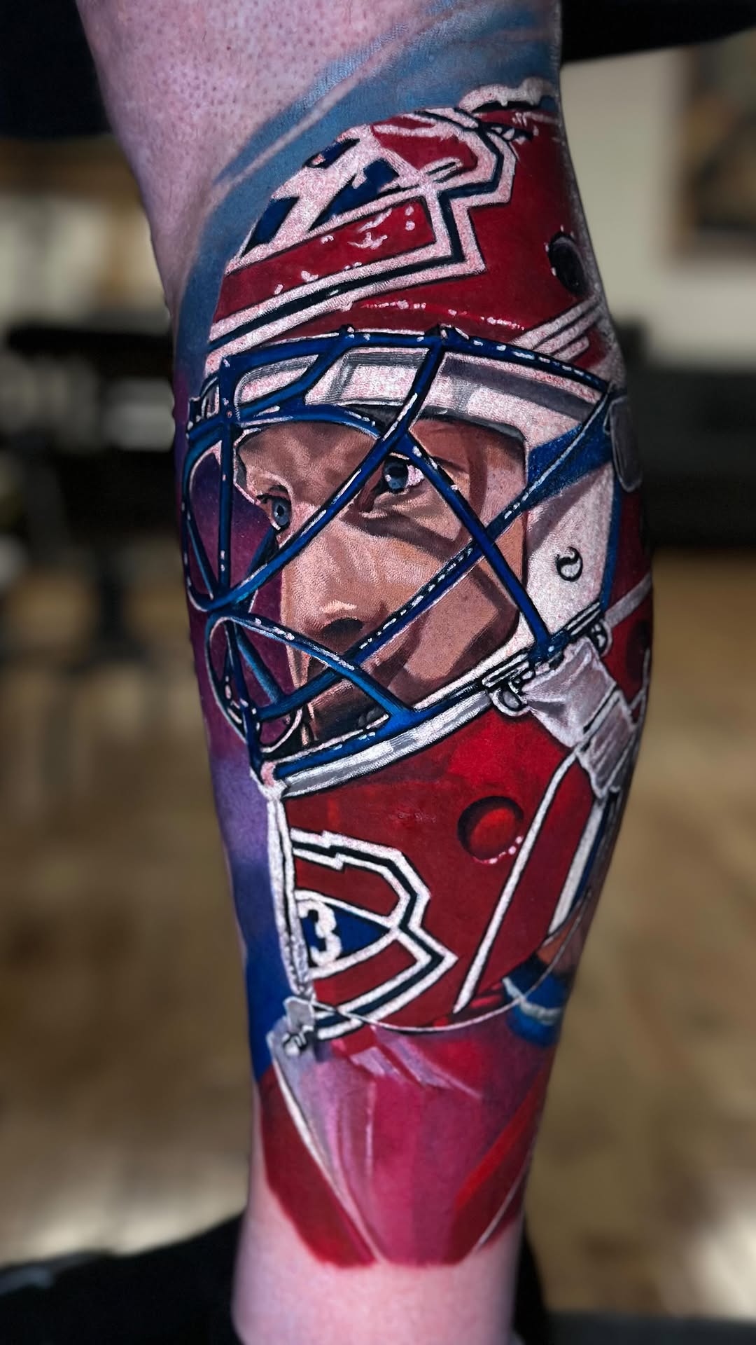 Hyper-realistic Patrick Roy portrait within a hockey mask
