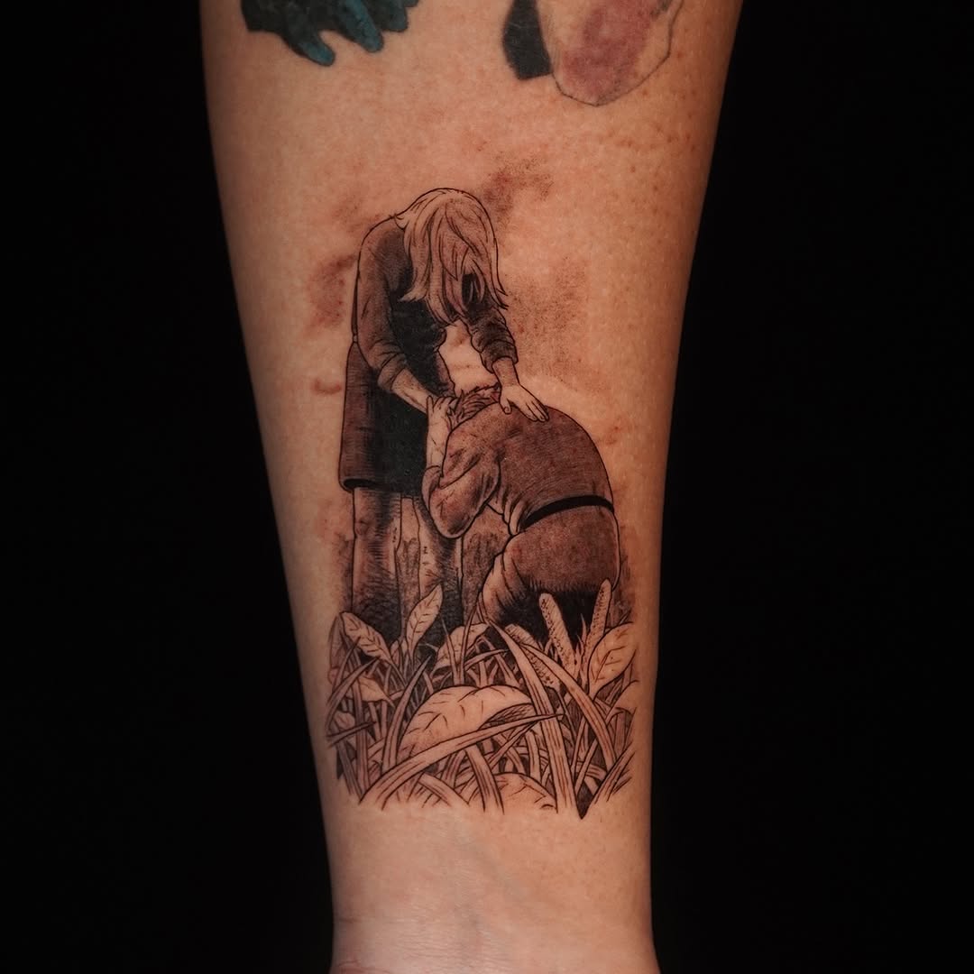 Somber duo in grass, linework homage to Vinland Saga