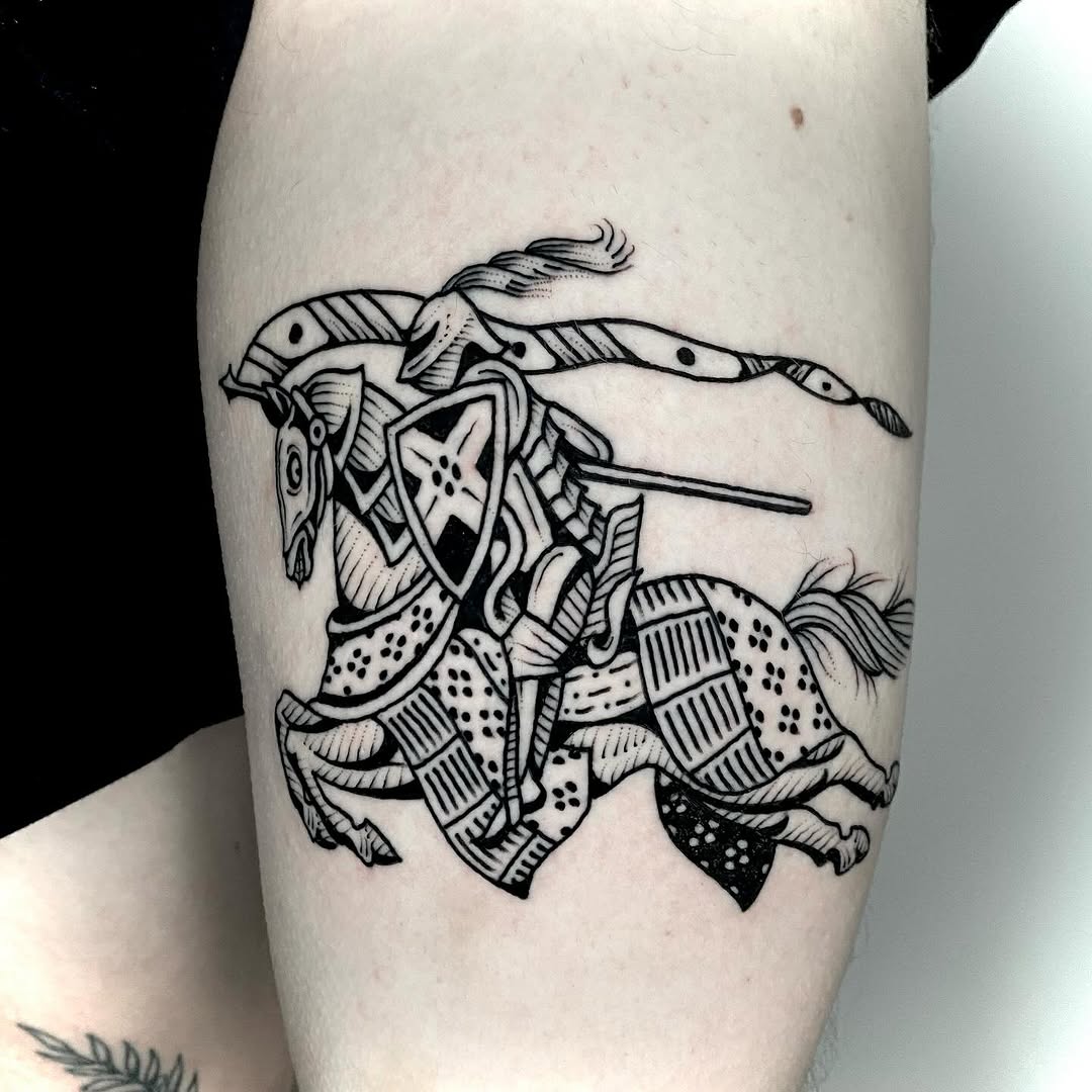 Bold blackwork knight on armored horse, dynamic lance pose.