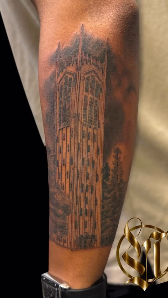 Architectural skyscraper tower rendered in fine-line black-gray