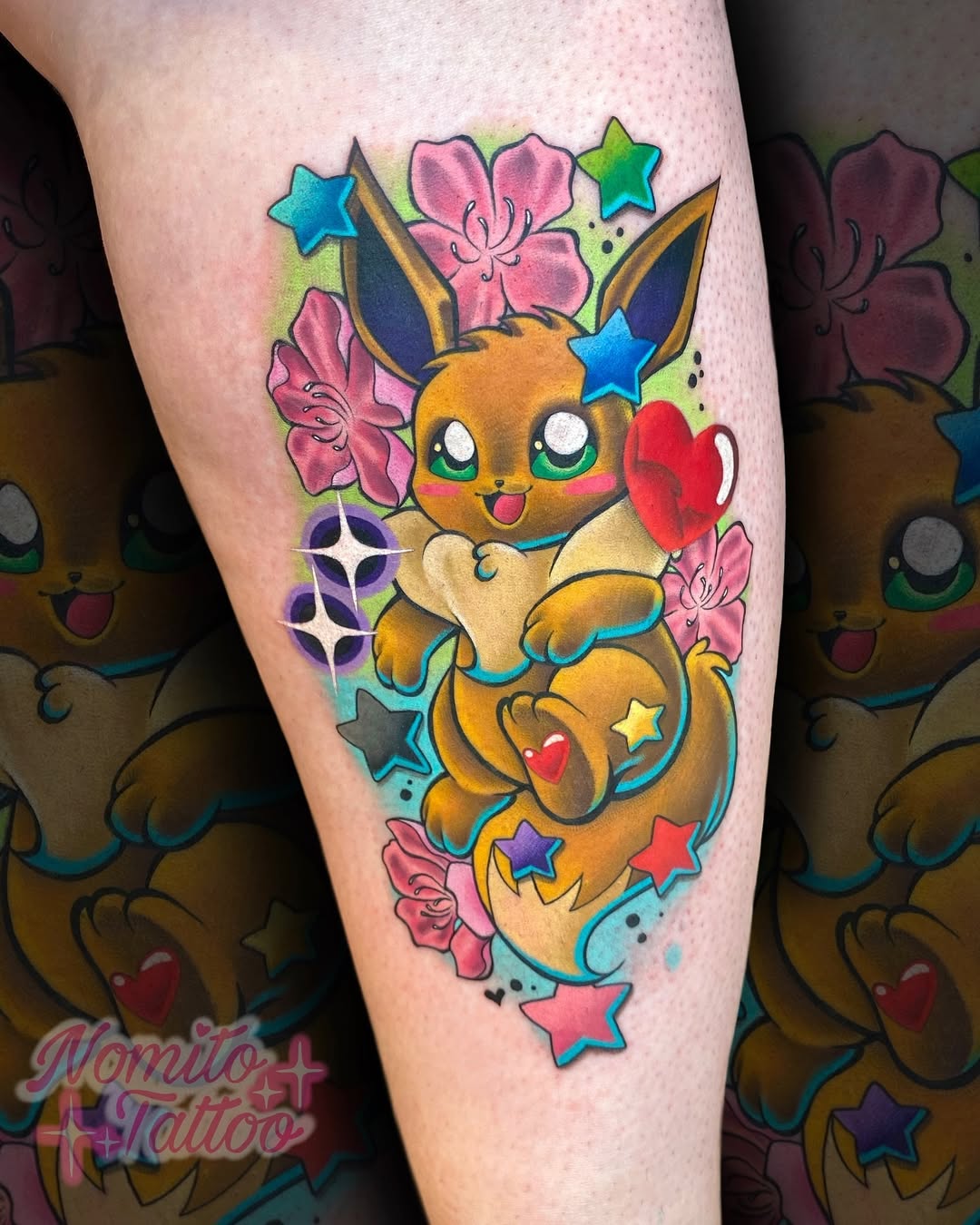 Vibrant Eevee tattoo with bold outlines and stars