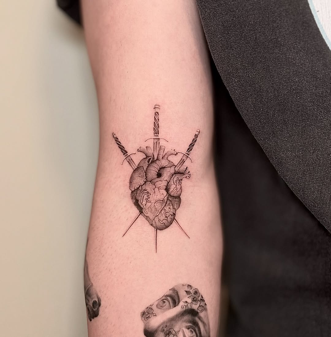 Anatomical heart pierced by swords, fine-line shading
