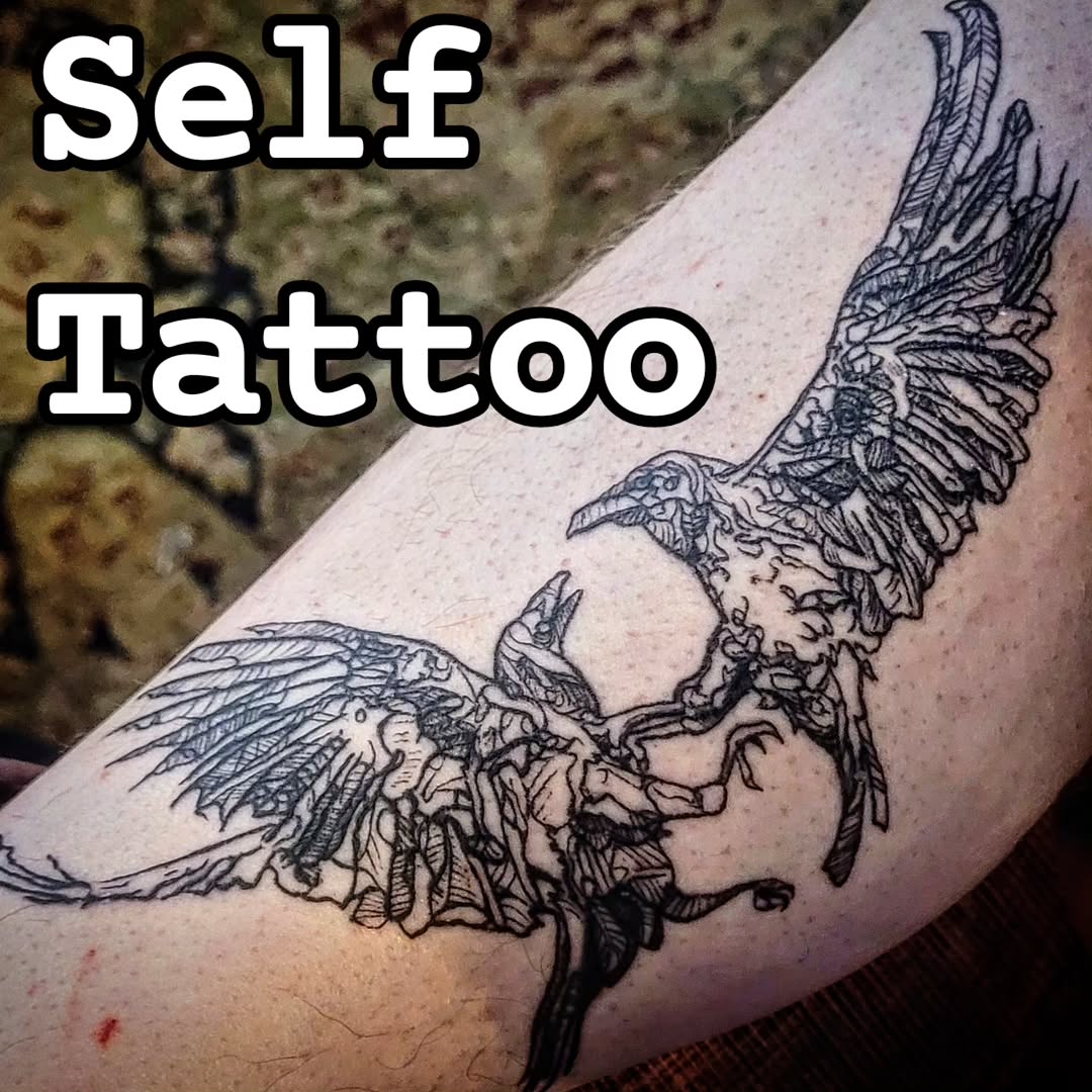 Intertwined raven pair in bold linework, dynamic wings