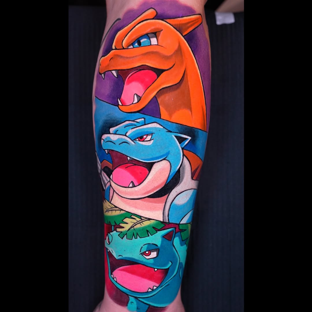 Vibrant Pokemon-inspired trio in bold, cartoonish neon colors