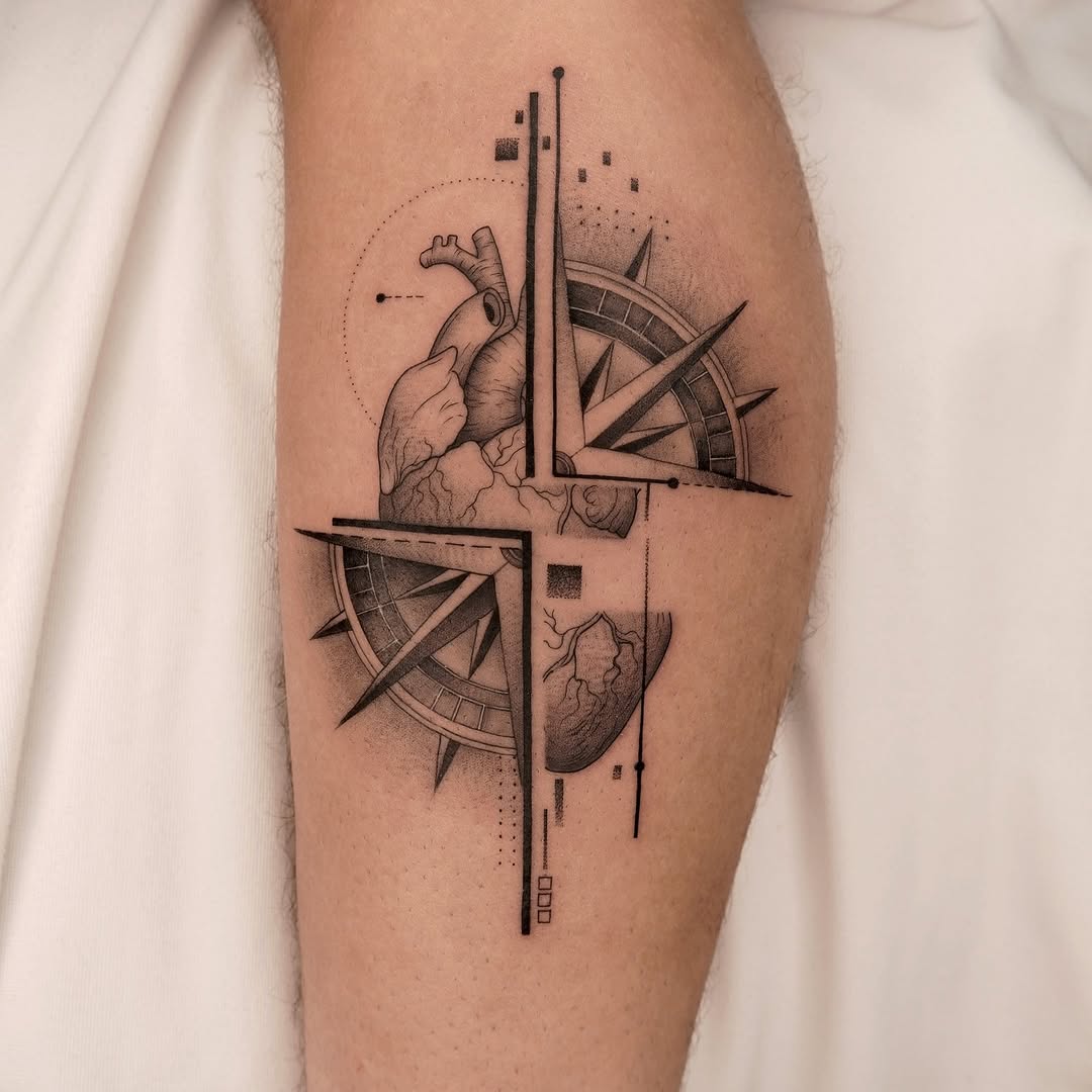 Bold geometric compass intersecting a detailed anatomical heart