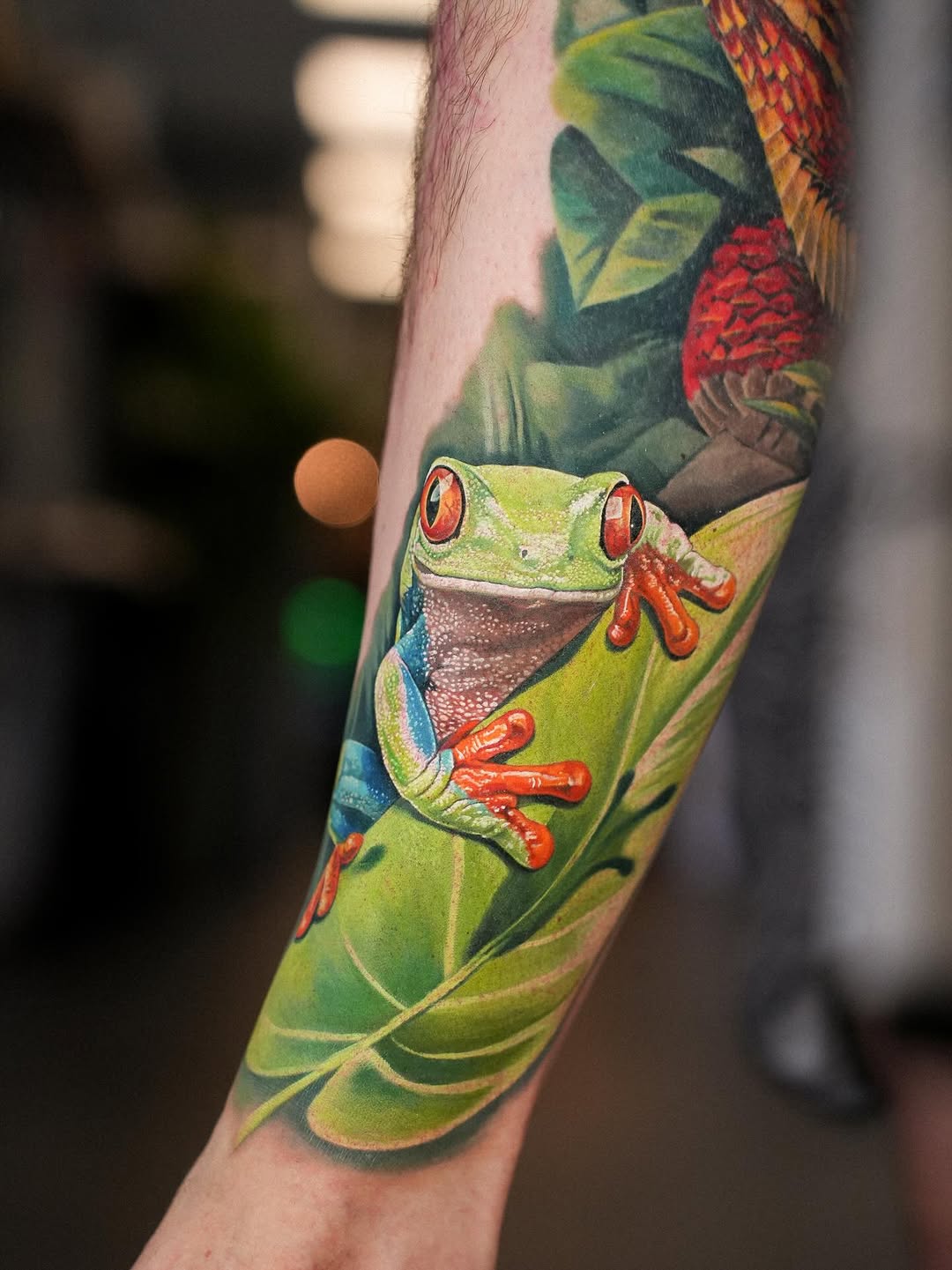 Hyper-detailed neon-green frog perched on tropical leaf