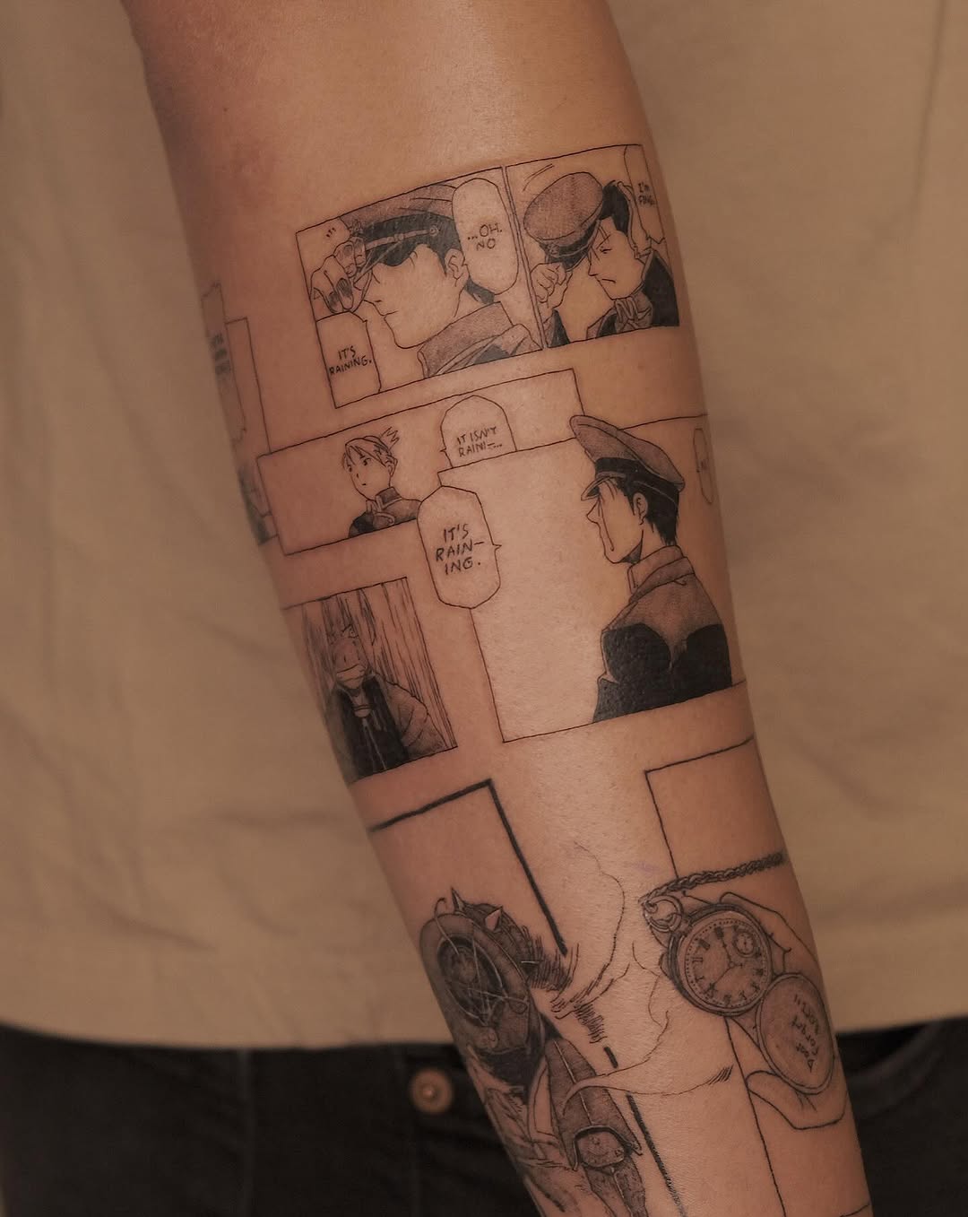 Manga-panel half-sleeve with dialogue bubbles and gear