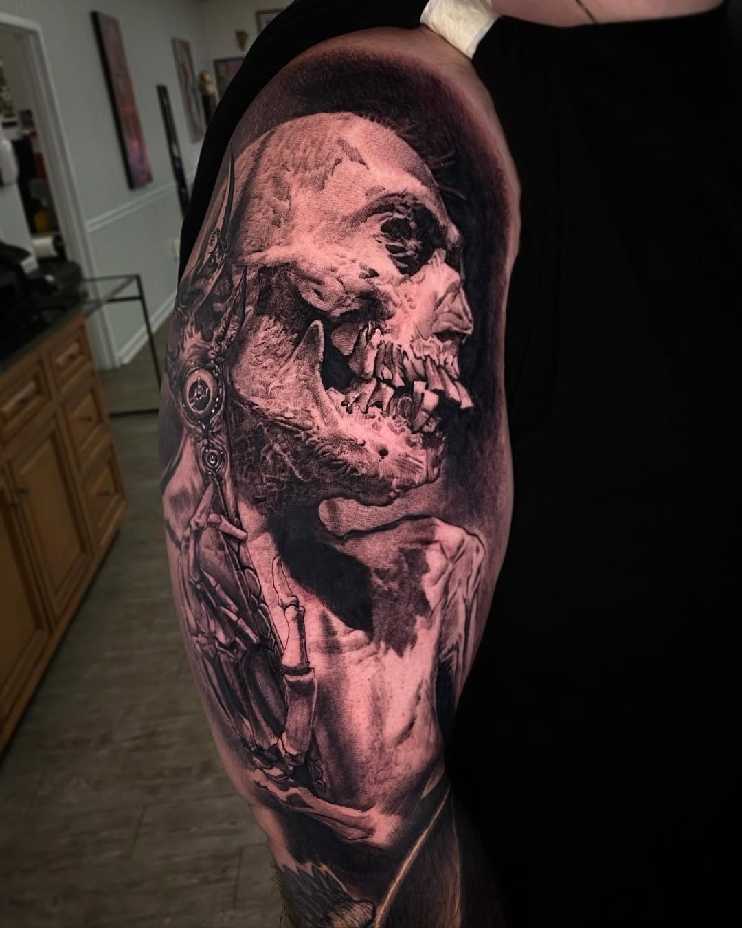 Hyper-detailed grayscale skull with biomechanical motifs