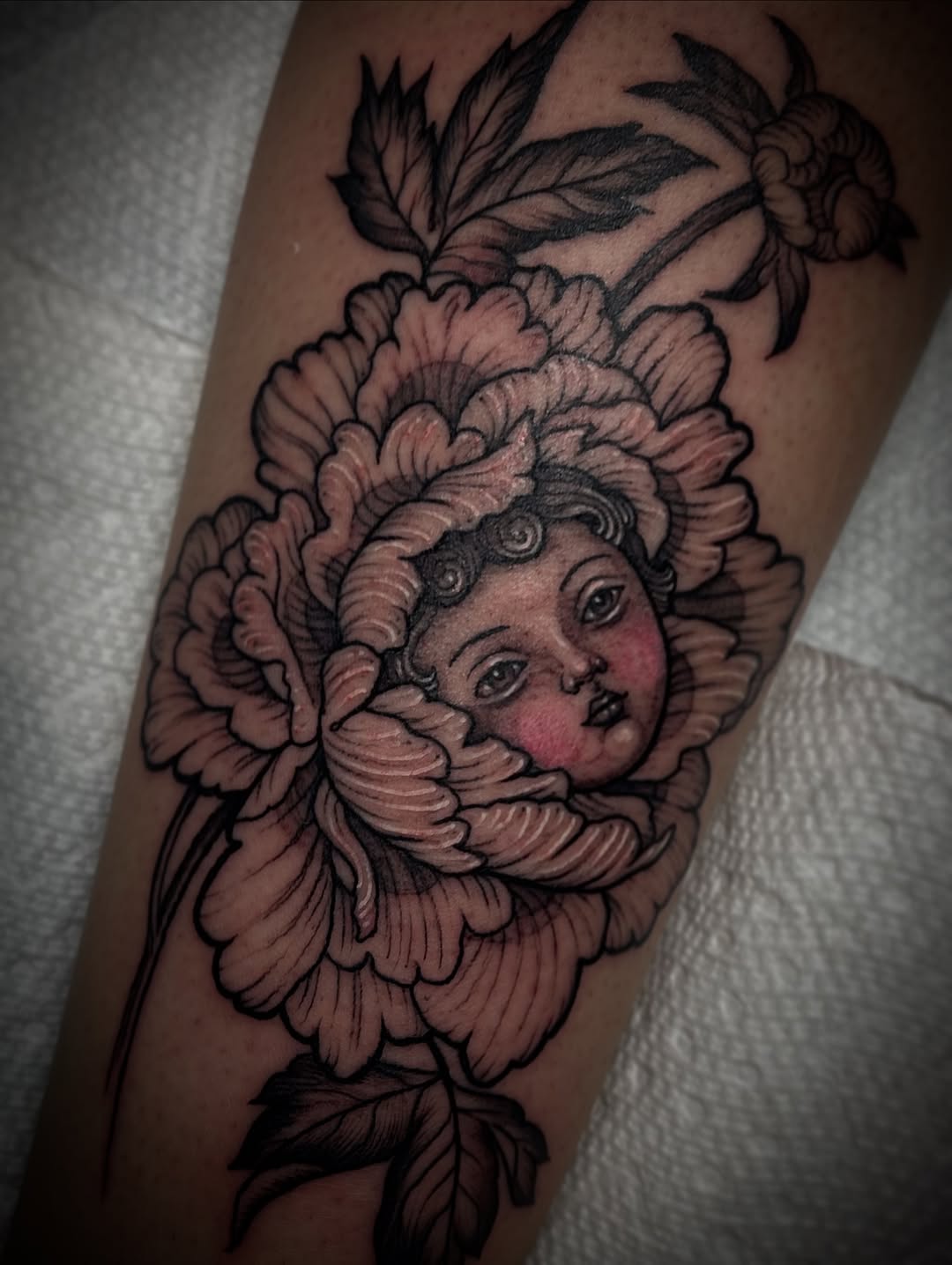 Doll-faced peony blossom with bold linework.