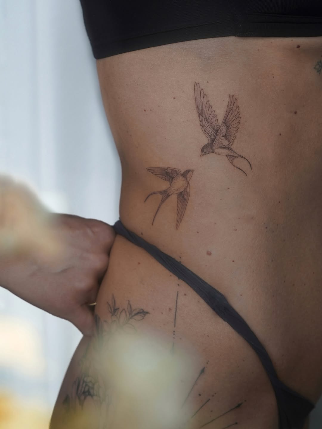 Delicate fineline swallows in flight on the side.