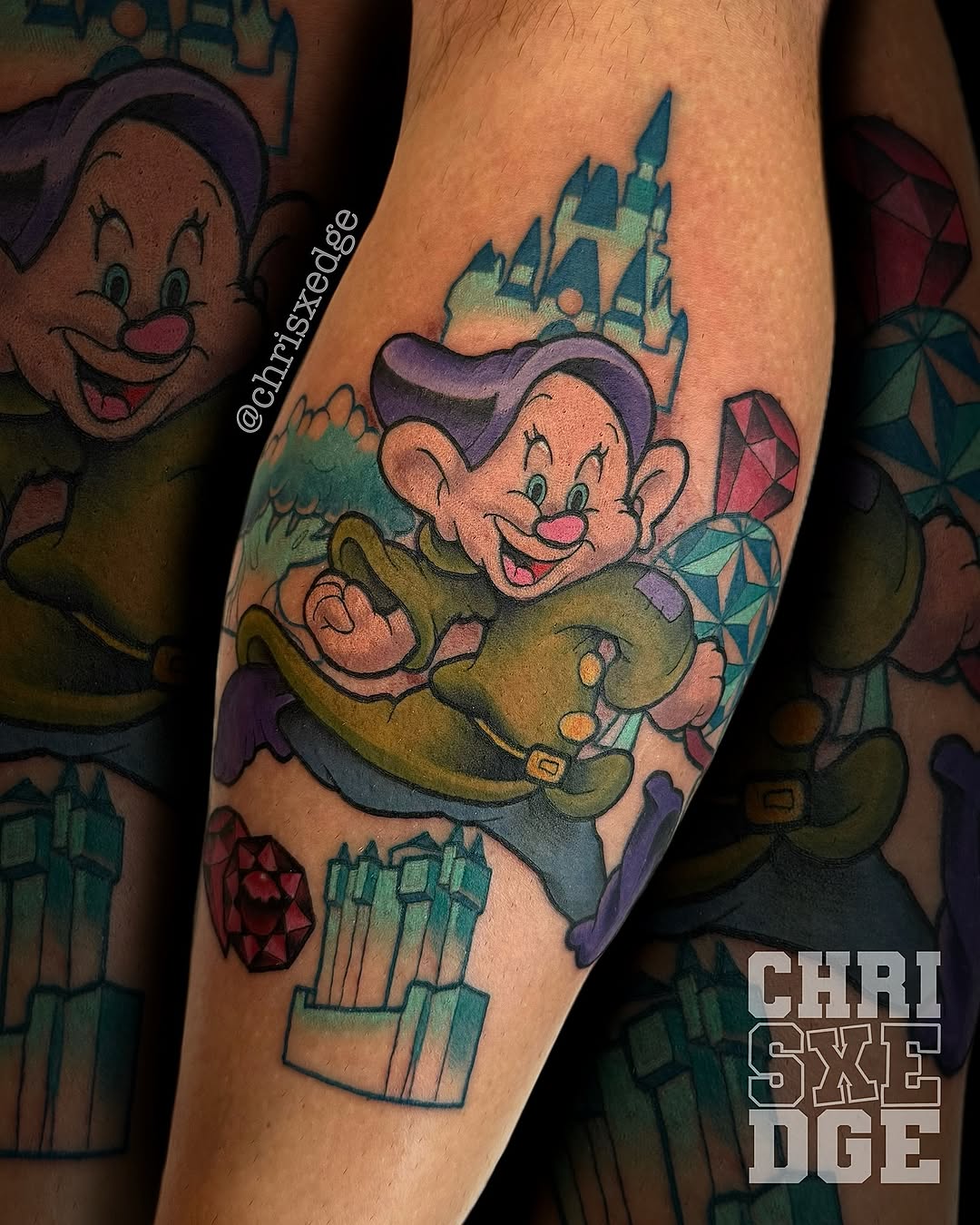 Playful Dopey tattoo with castle backdrop in vibrant color