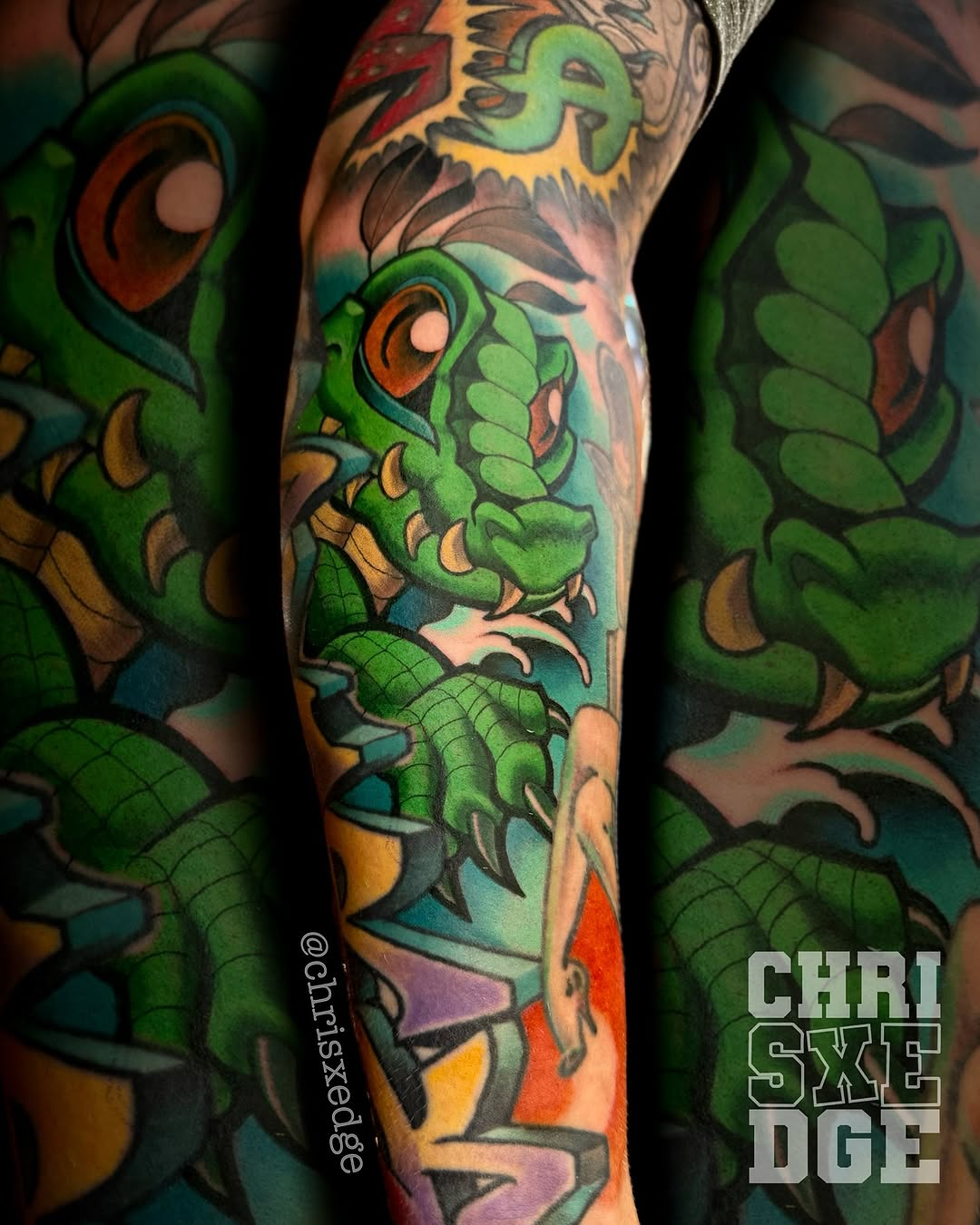 Vibrant neo-traditional green gator with bold outlines