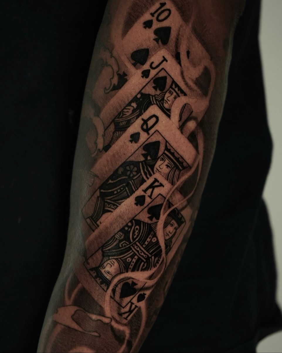 Crisp poker-card sleeve with bold linework and shading.