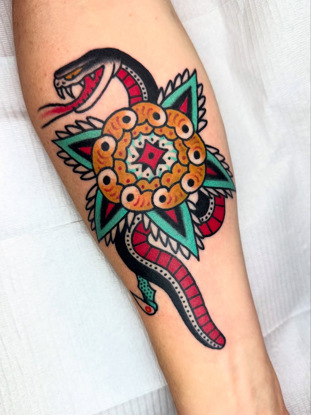 Bold neo-traditional snake coiling beneath a radiant mandala centerpiece