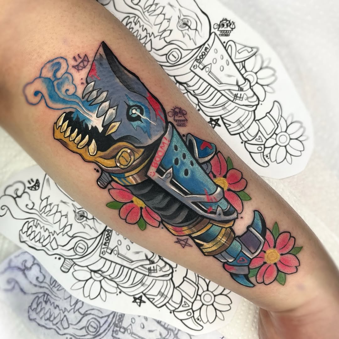 Bold armored blue shark head with neon blues, yellows; tropical flowers.