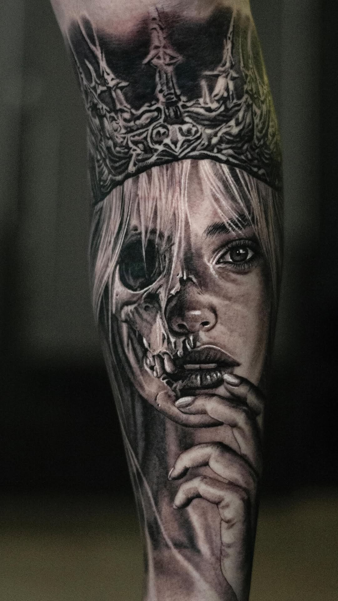 Hyper-detailed grayscale portrait merging a woman with skull