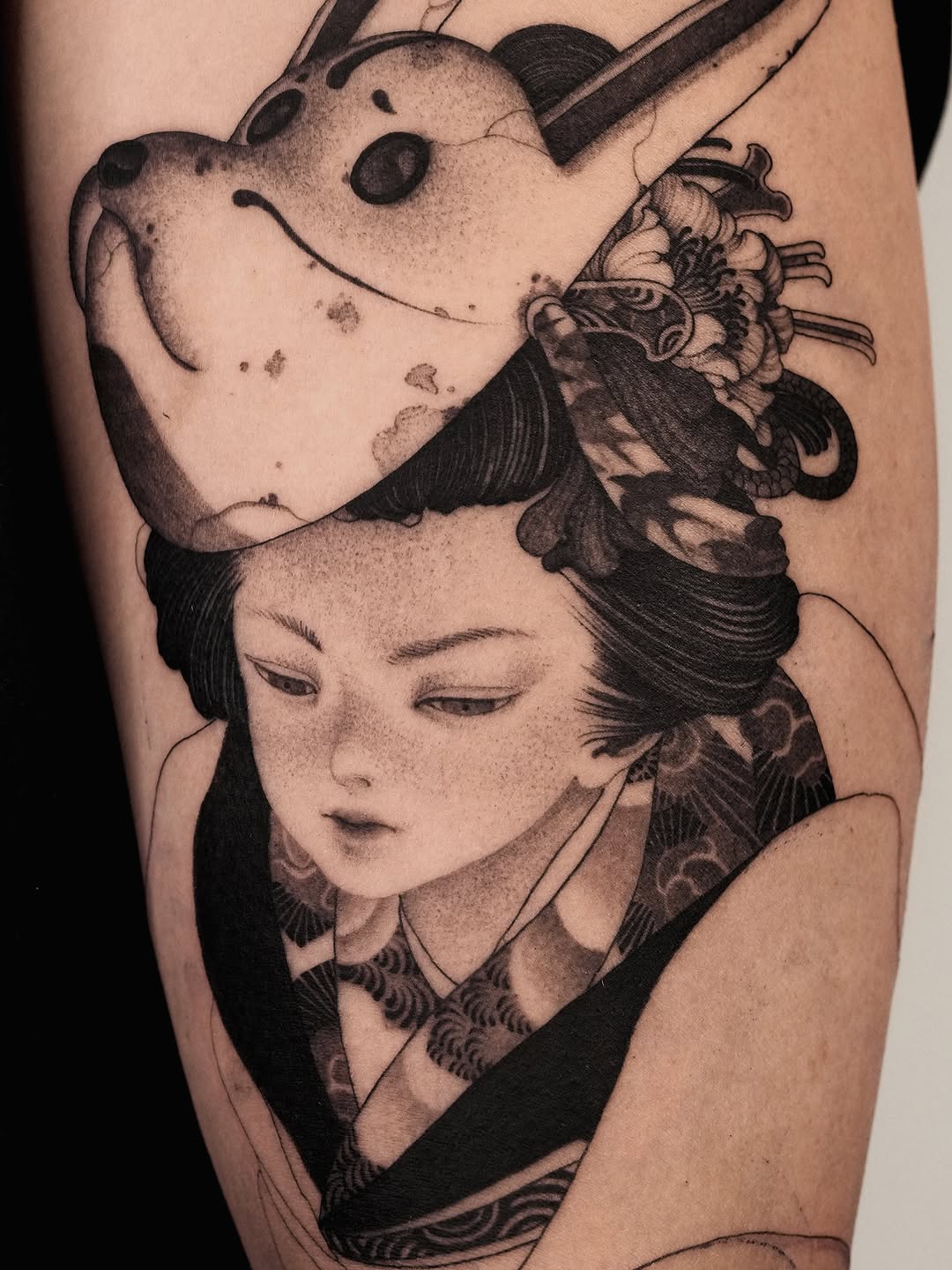 Geisha portrait with a rabbit mask, bold black-linework and dot-shading