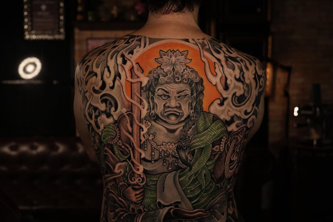 Monumental Fudo Myo back piece with blazing halo