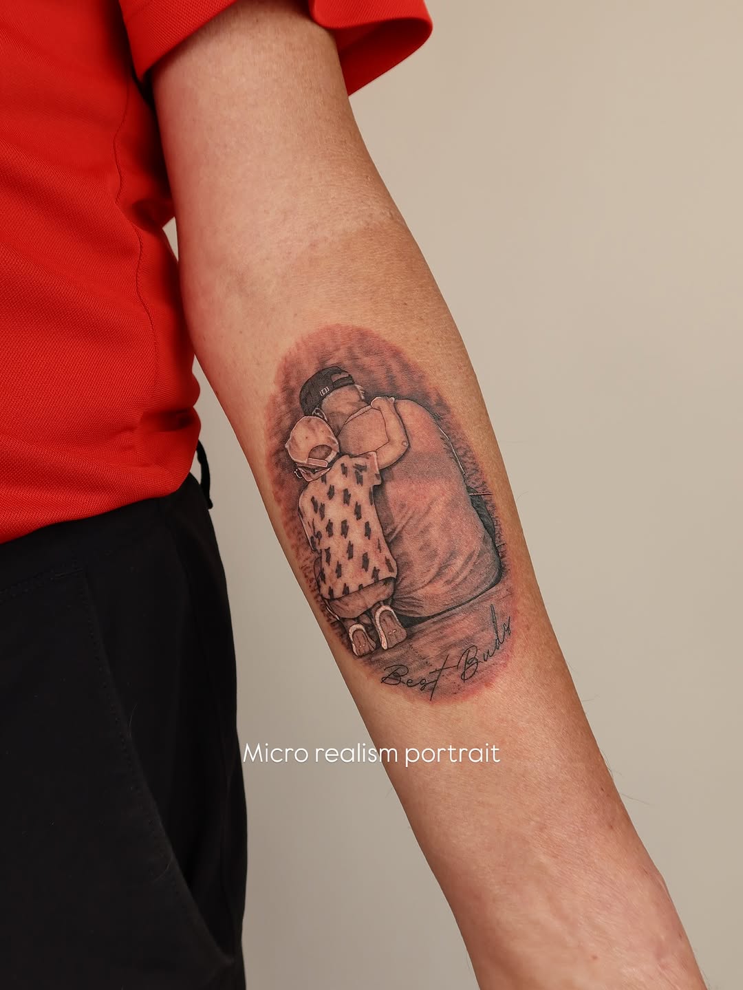 Tender micro-realism forearm portrait of grandparent-grandchild embrace