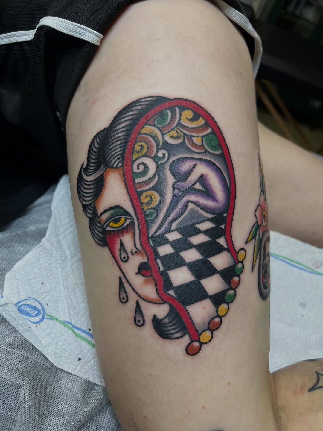 Bold neo-traditional portrait with surreal arches and checkerboard