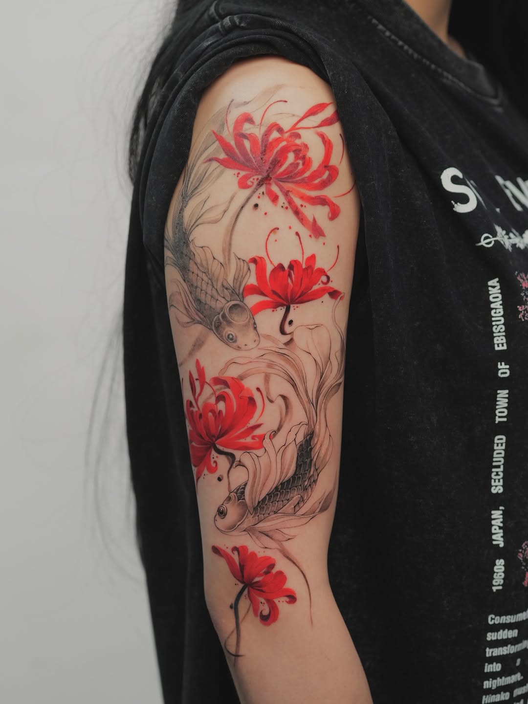 Graceful koi among red spider lilies, fine-line floral composition