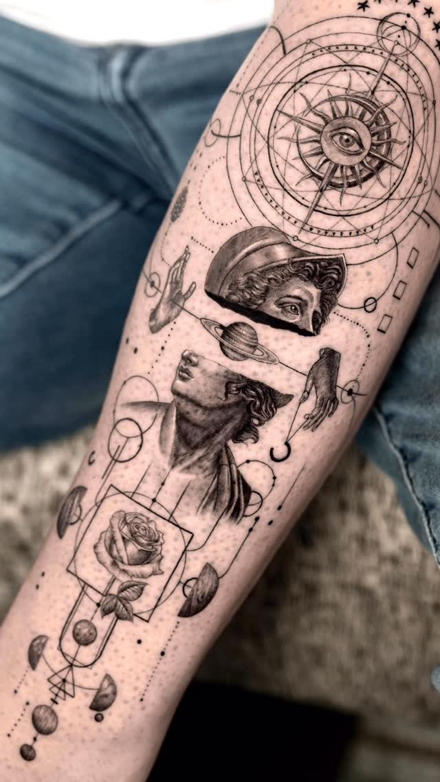 Fineline geometric cosmos tattoo with classical bust and roses