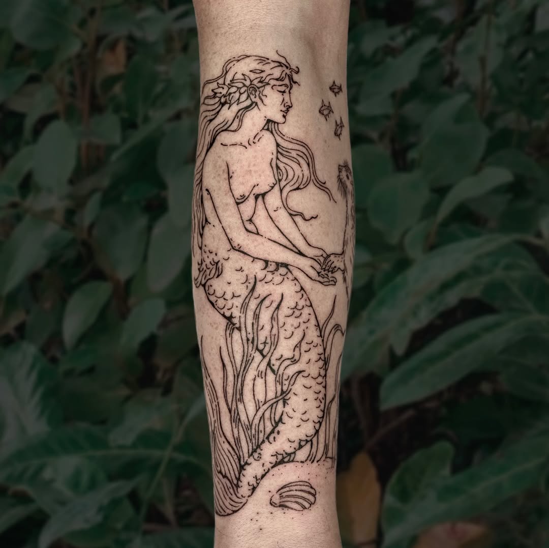Elegant mermaid linework wrapped in seaweed, mythic silhouette