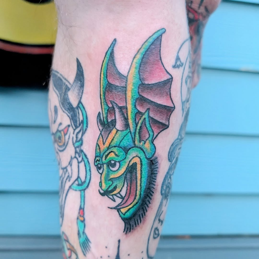 Vibrant dragon head with neon greens and pinks