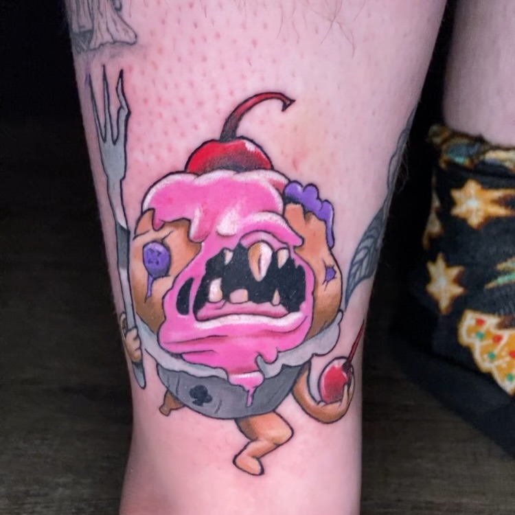 Bold neon cartoon donut creature with pink frosting