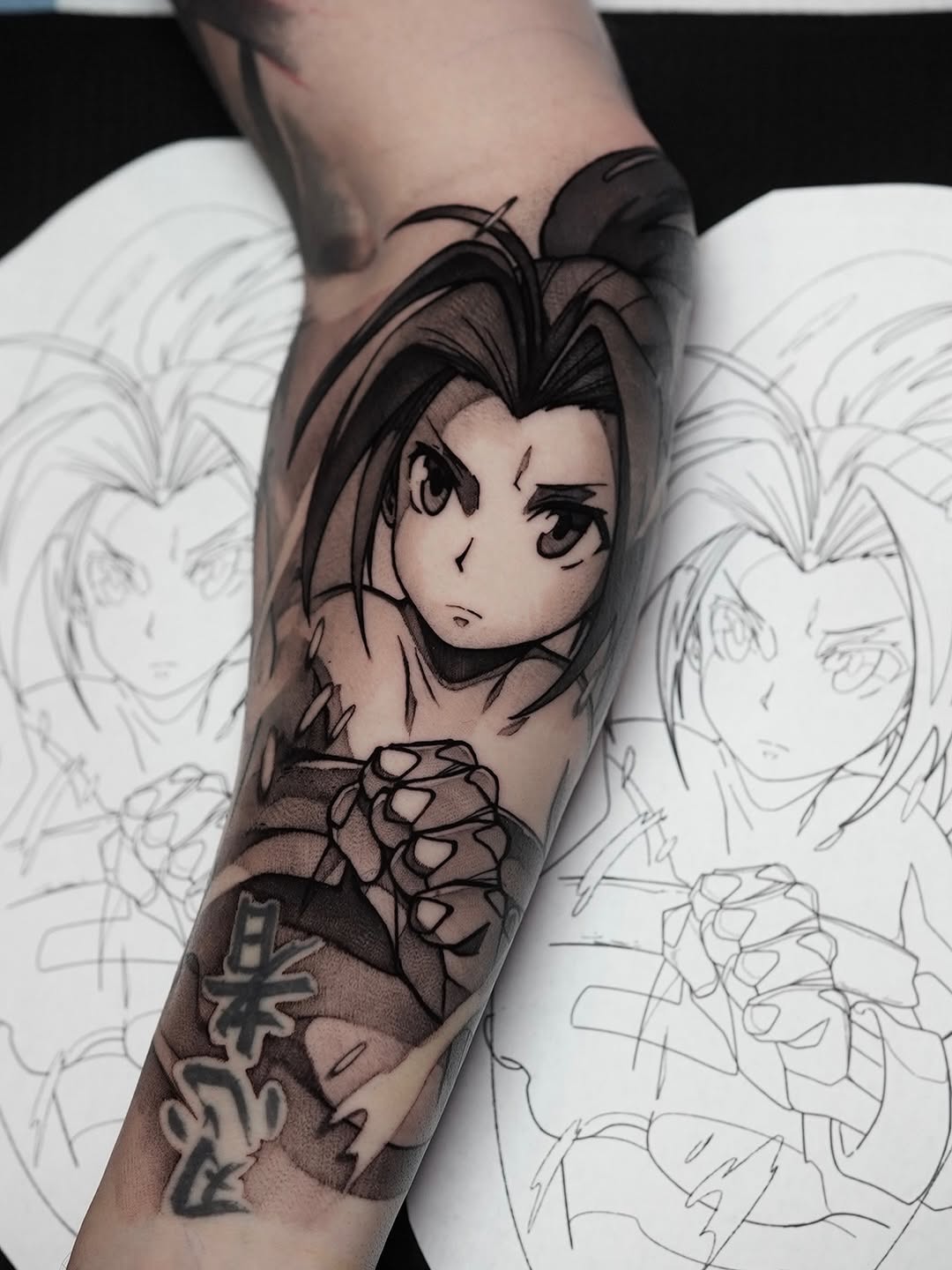 Bold manga Noa portrait with determined gaze and clenched fists