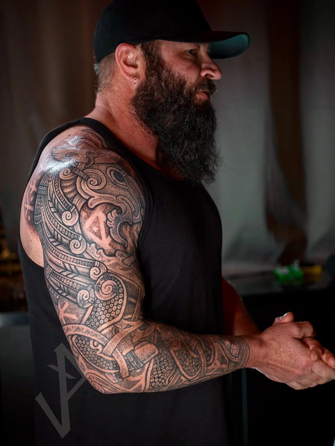 Intricate blackwork Nordic-stag sleeve with ornate knotwork