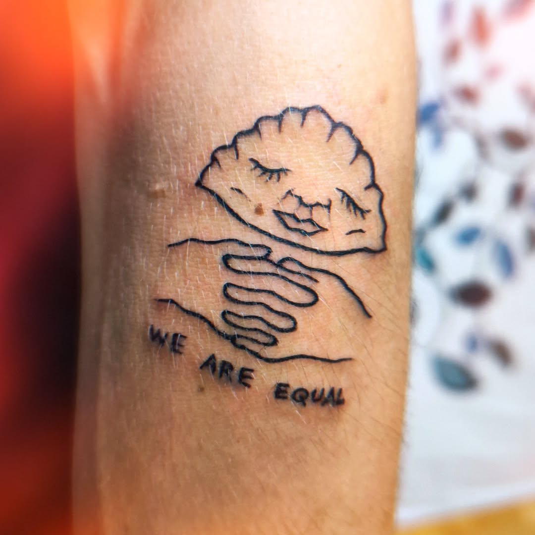 Minimalist linework of clasped hands under a cloud-face