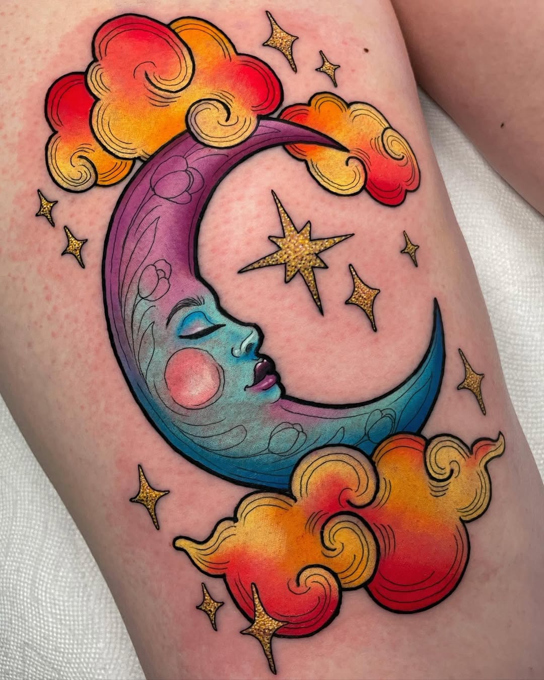 Vibrant moon with sleeping face amid colorful clouds and glitter stars
