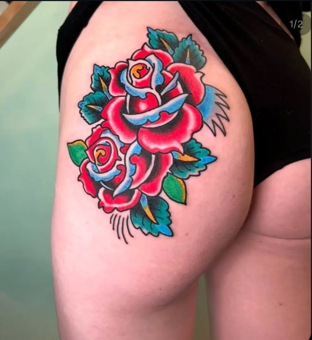 Bold neo-traditional rose bouquet with vivid color blocking